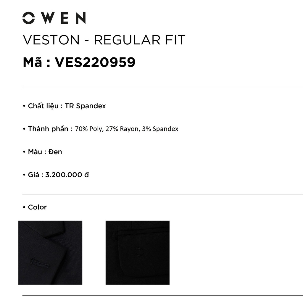Áo Vest Bộ Suit Comple Veston Công Sở Nam Owen VES220959 Màu Đen Trơn Vải Polyester Cao Cấp Dáng Suông 1 Cúc Tà Xẻ Hông
