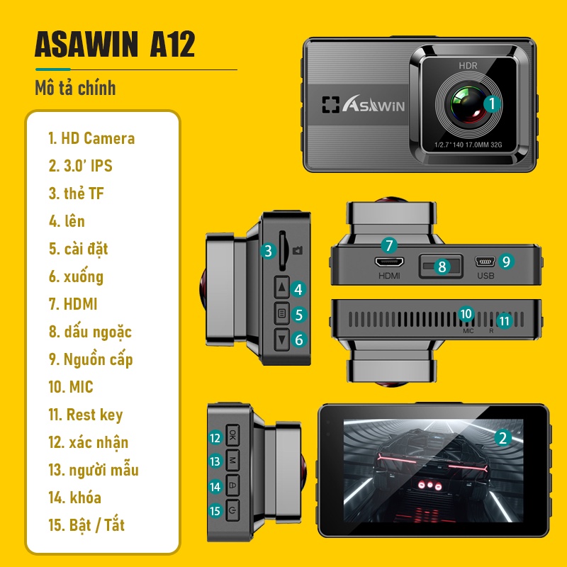 Asawin A12S Camera hành trình ống kính kép Mặt trước và mặt sau Cho Camera ô tô Chế độ đỗ xe 24H WDR HDR IPS 3 inch Tầm nhìn ban đêm | BigBuy360 - bigbuy360.vn