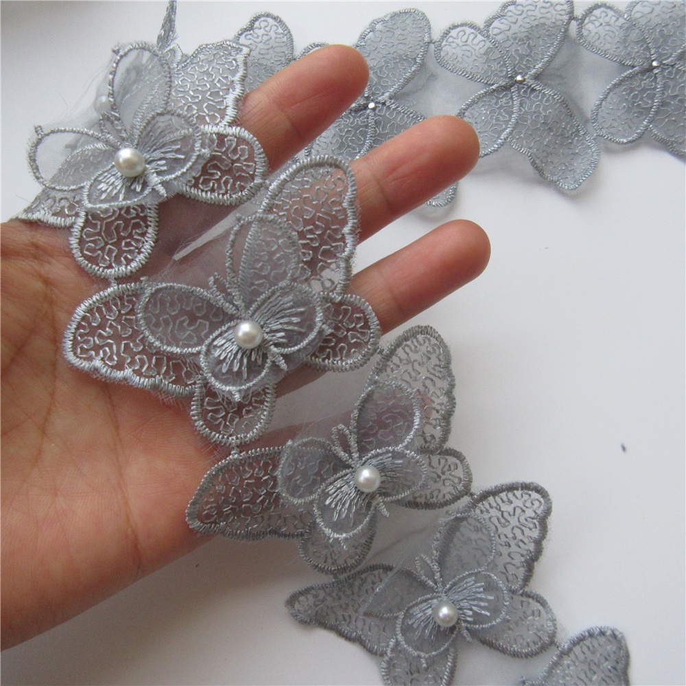 Set 10 Dây Ruy Băng Thêu Ren Hoa Bướm Hòa Tan Đính Hạt Ngọc Trai Trang Trí Đám Cưới