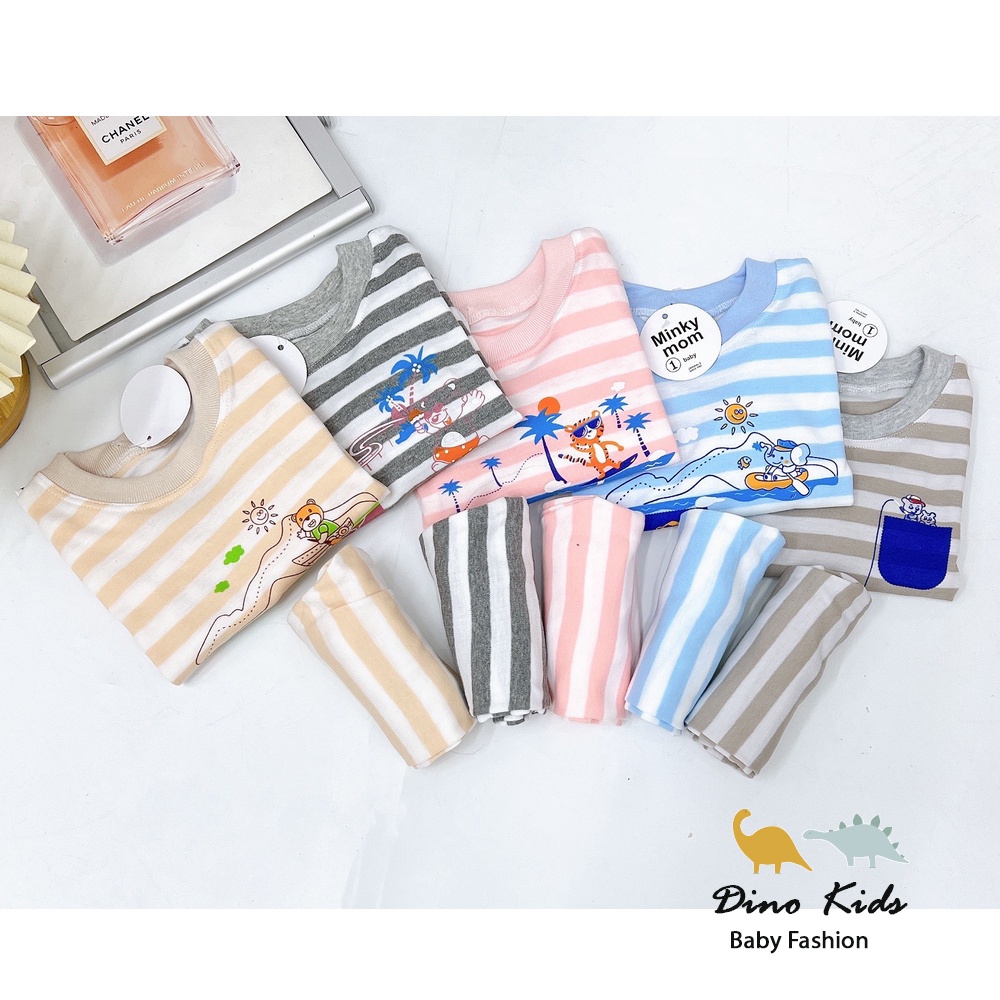 Bộ quần áo thu đông bé trai, bé gái, bộ nỉ cotton kẻ họa tiết dễ thương cho bé