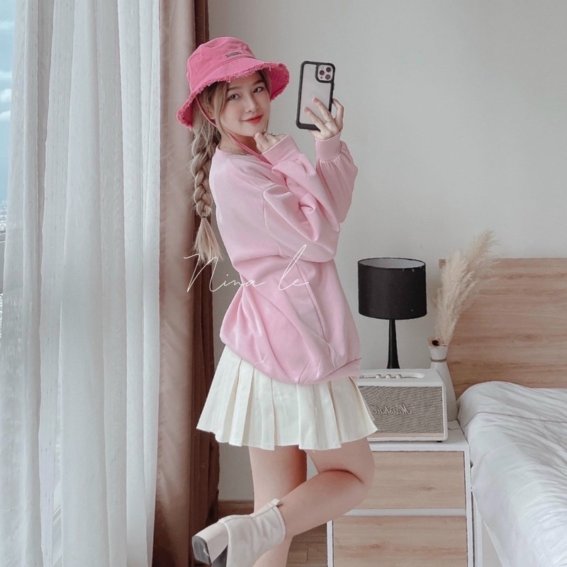 Sét váy thời trang nữ mặc đi chơi áo nỉ tay dài thêu chữ mix chân váy xếp lý có lót chất tuyết mưa