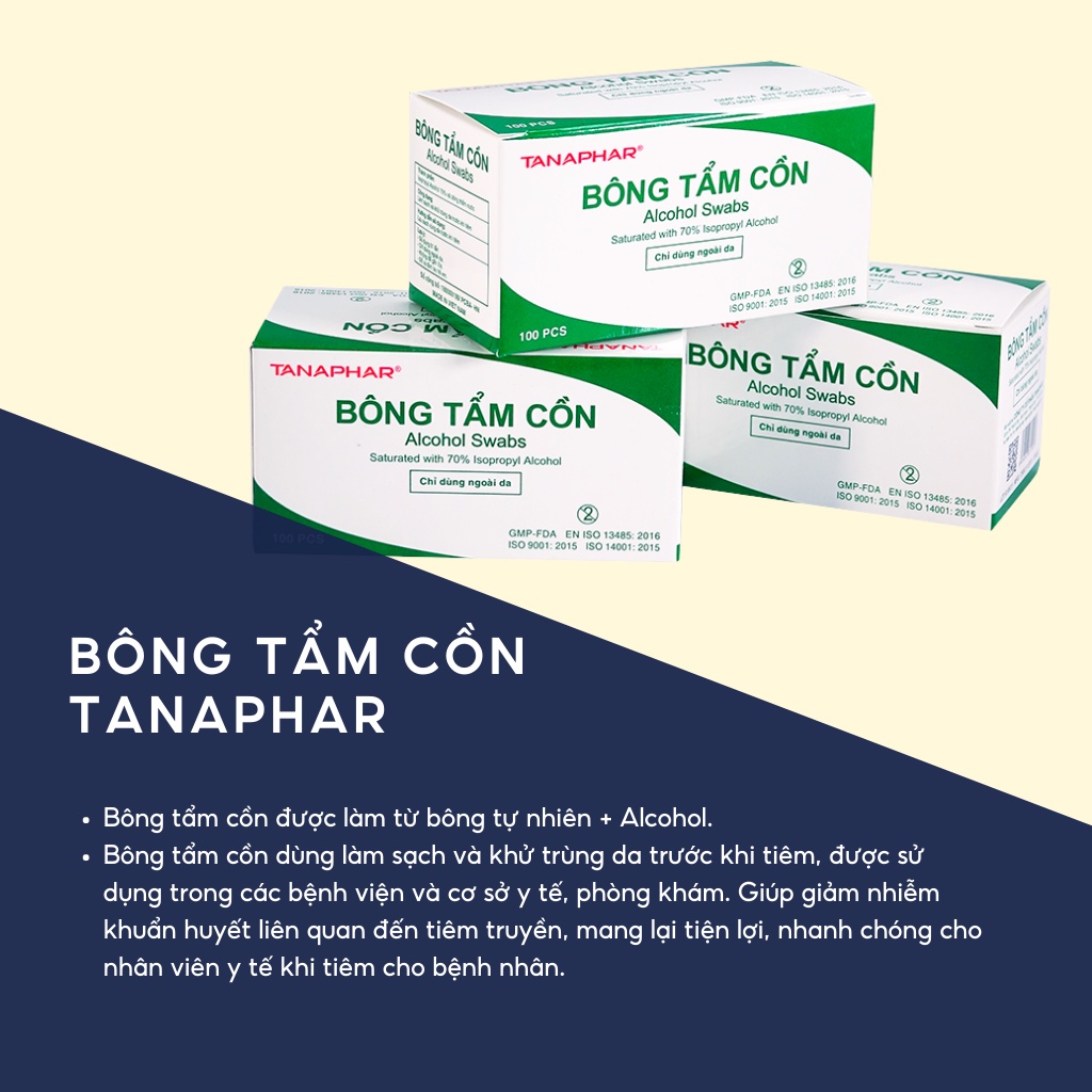 Bông tẩm cồn tiệt trùng Tanaphar bông y tế giúp giảm nhiễm khuẩn hộp 100