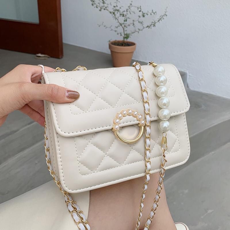 Túi đeo chéo nữ, đeo vai đẹp đi chơi thêu chỉ ô trám dây xích phối da