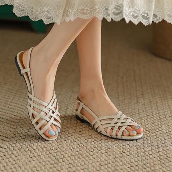 Sandal nữ đế bằng quai đan màu trắng,nâu MSSD03