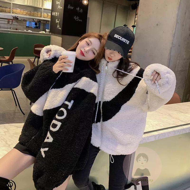 Áo Khoác Giả Lông Thú Khóa Kéo In Chữ Thời Trang Cho Nữ