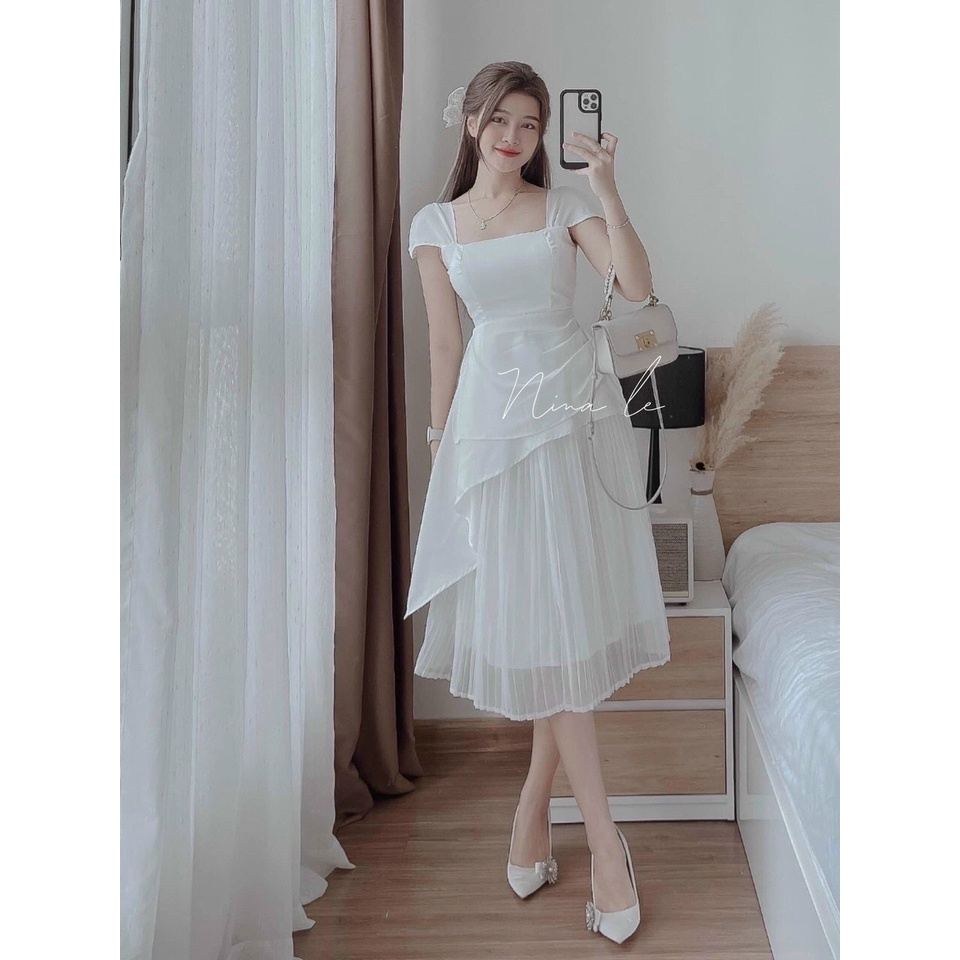 Set áo bèo có mút ngực kèm chân váy voan xếp ly 2 lớp lót trong LAM ANH STORE - VA3 size 46kg- 57kg