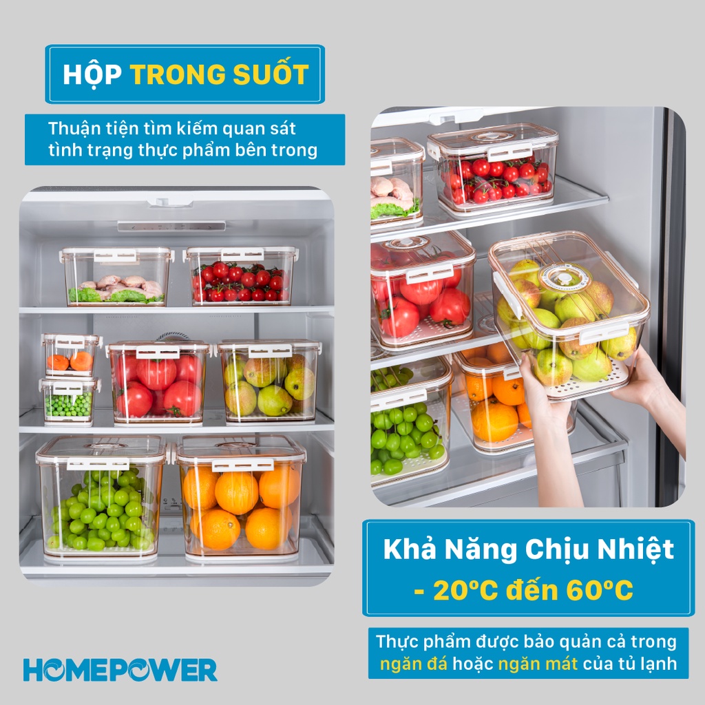 Hộp đựng thực phẩm tách nước Homepower hình chữ nhật trong suốt - Vòng ghi chú thời gian bảo quản thông minh, tiện lợi