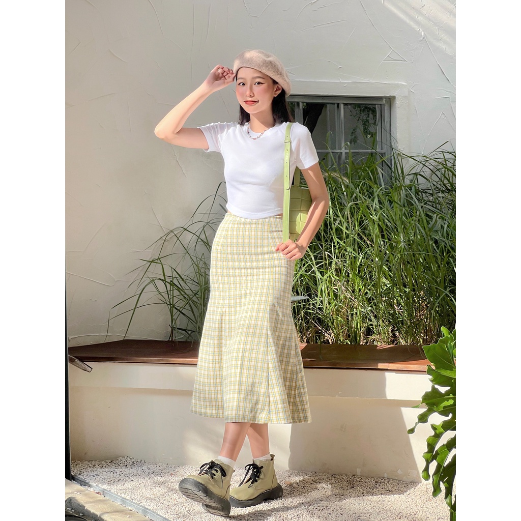 Chân váy dài caro dáng đuôi cá xoè chất kate mềm mịn | Nubi Skirt | Secodee