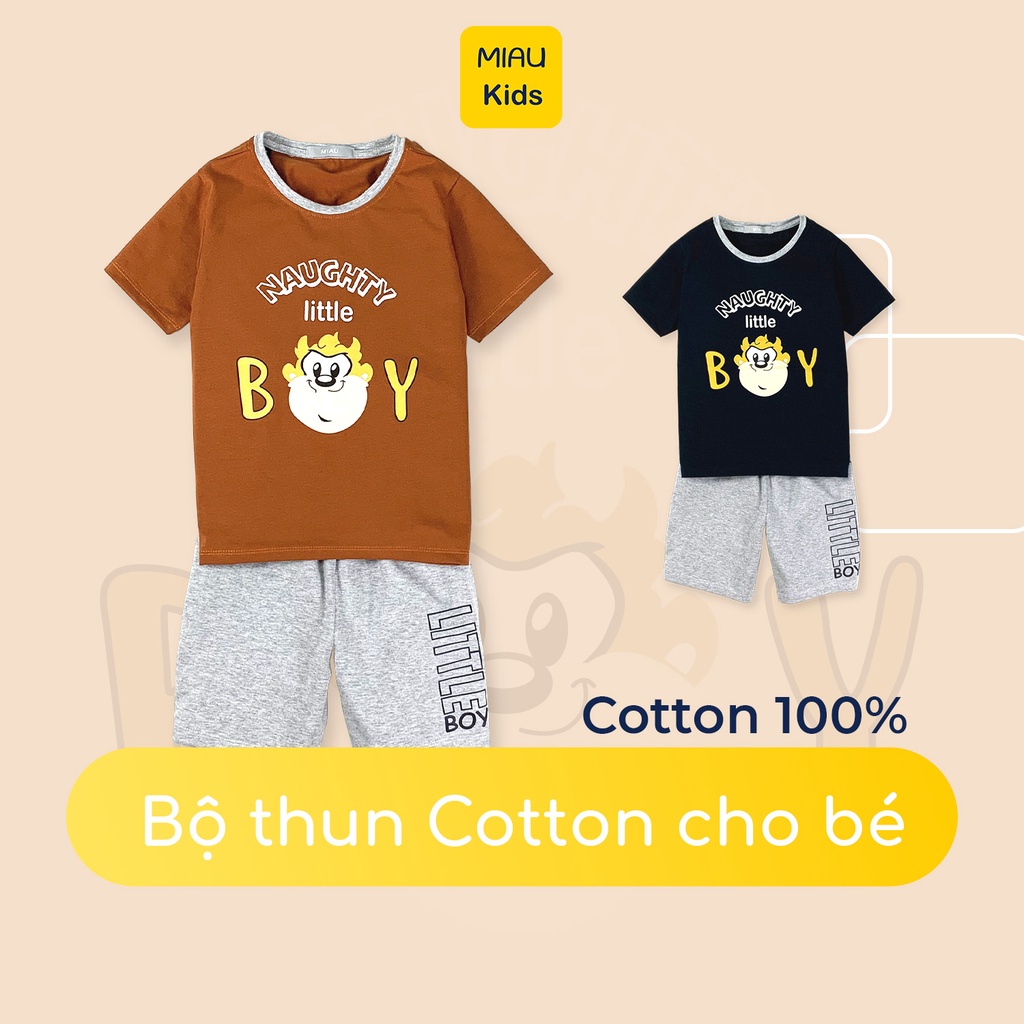 Đồ Bộ Tay Ngắn Cho Bé Trai Miaukids, In Hình Khỉ Little Boy, Thun Cotton Thoáng Mát Cho Bé Từ 9Kg Đến 55Kg