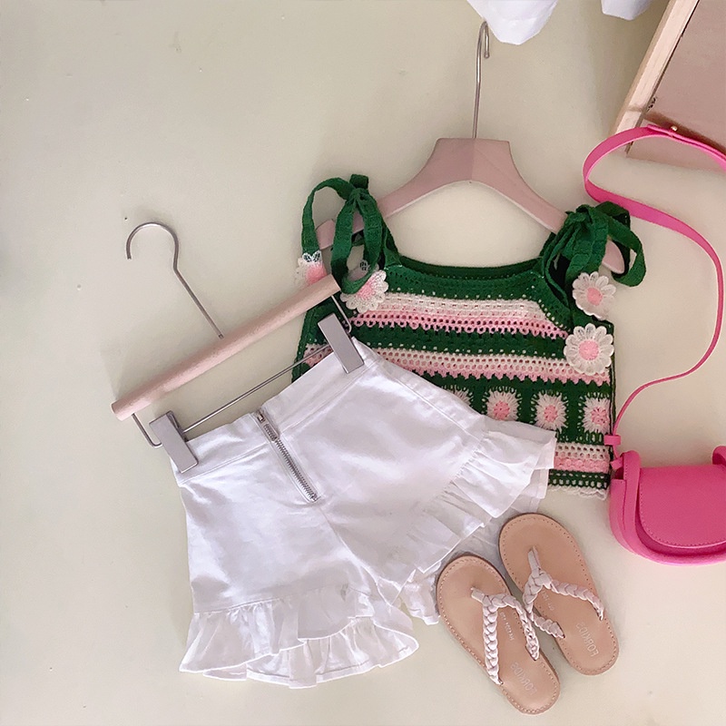 Set Áo Hai Dây + Quần Short Denim Dệt Kim Phong Cách Hàn Quốc Thời Trang Mùa Hè Cho Bé Gái