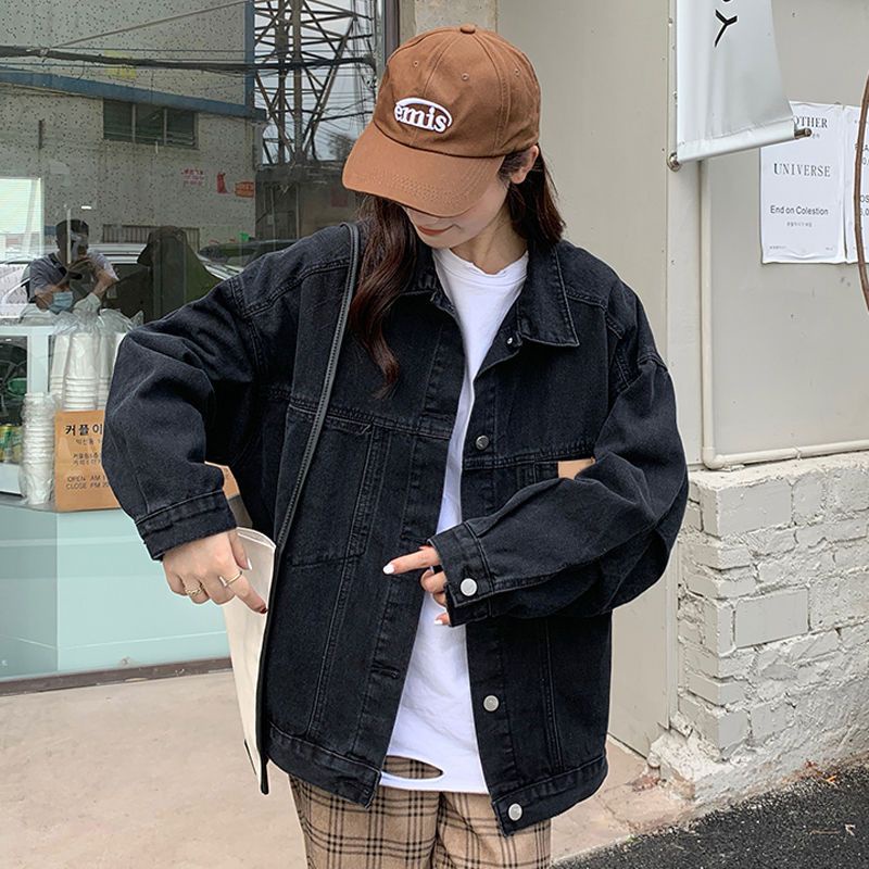 [Hàng Có Sẵn] Áo Khoác Denim Dáng Rộng Màu Đen Size Lớn Thời Trang Xuân Thu Hàn Quốc Cho Nữ