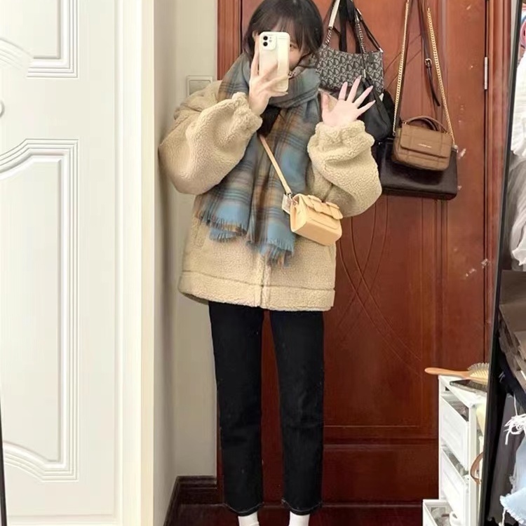 Áo Khoác Lông Cừu Dày Dáng Rộng Thiết Kế Mới Thời Trang Mùa Thu Đông Theo Phong