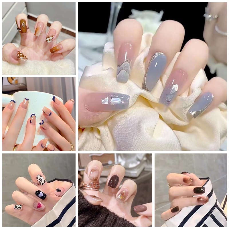 Hộp 24 Móng Tay Giả Họa Tiết Trái Tim Màu Xanh Dương Nhạt Phong Cách Pháp R601-R650