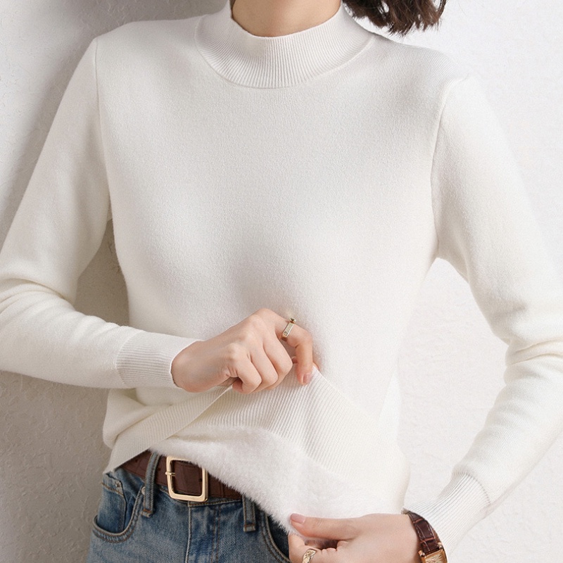 Áo Sweater Dệt Kim Vải Lông Cừu Dày Dặn Tay Dài Màu Trơn Thời Trang Thu Đông Cho Nữ