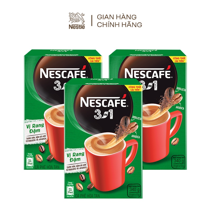 Combo 3 hộp Cà phê hòa tan Nescafé 3in1 công thức cải tiến - vị rang đậm (Hộp 20 gói x17g)