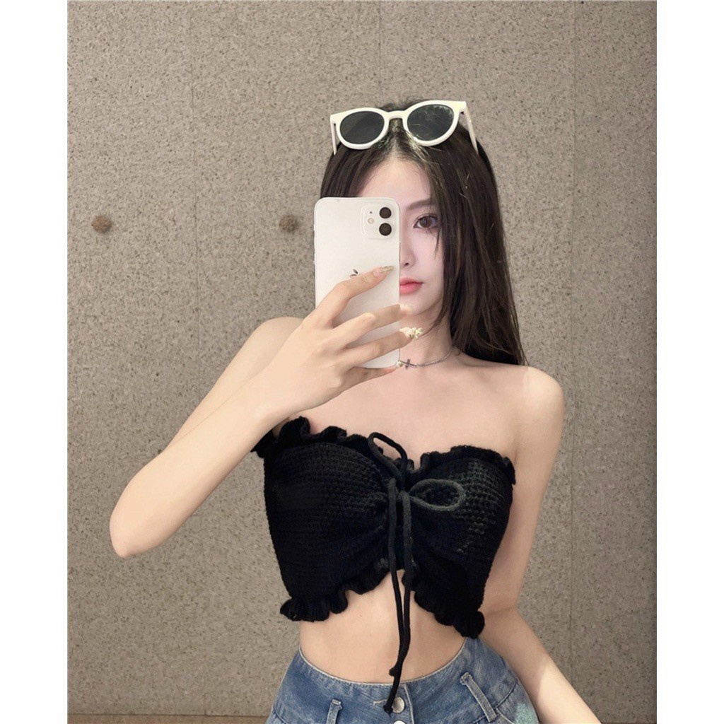 Áo ống kiểu nữ viền bèo rút dây trước mặc được nhiều kiểu chất thun xốp mềm