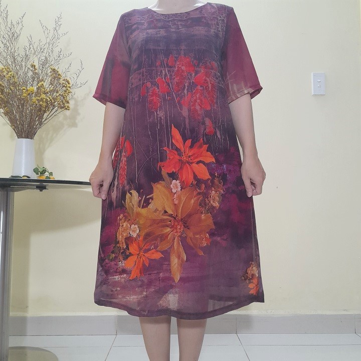 Đủ Size 50Kg Đến 90Kg - Váy Đầm Trung Niên - Vải Voan Sang Trọng 2 Lớp Form Suông A Che Bụng