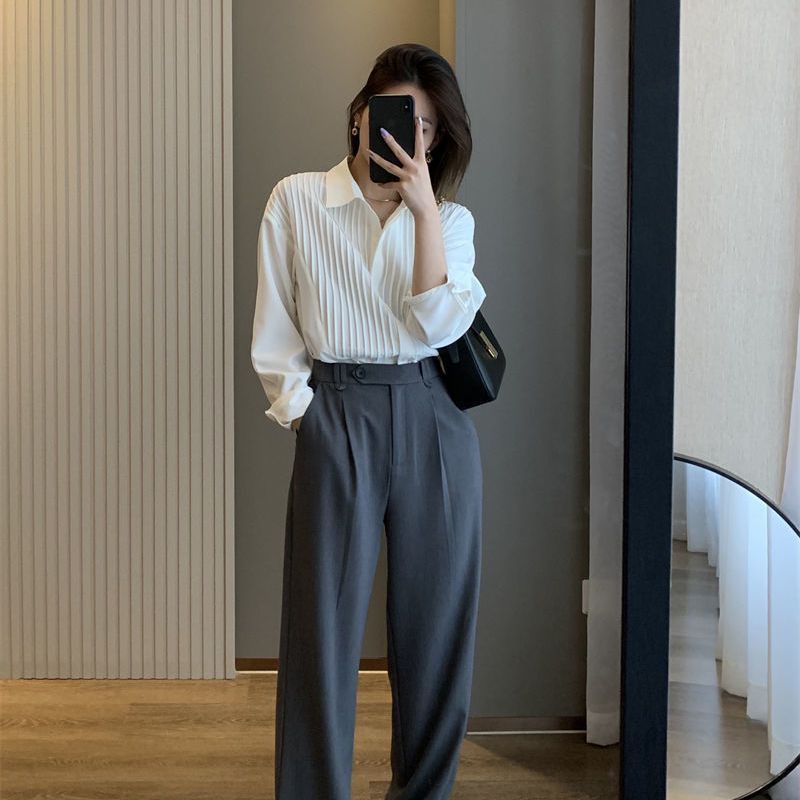 Phiên Bản Hàn Quốc Thời Trang Xếp Ly Voan Khâu Áo Sơ Mi Dài Tay Nữ Xuân Thu Phong Cách Phương Tây Phù Hợp Với dáng Rộng Ôm Hơn Nhìn Cl