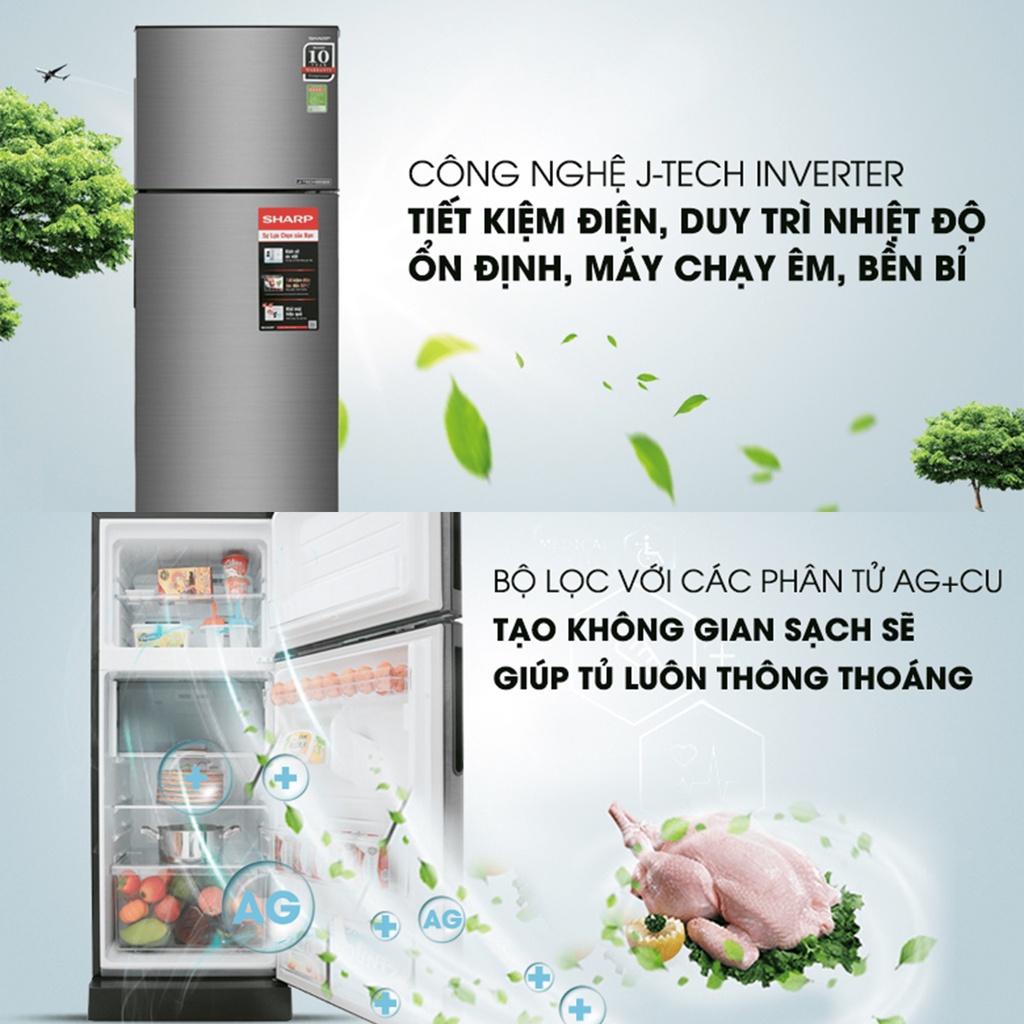 Tủ lạnh Sharp Inverter 182 lít SJ-X201E-DS Công nghệ kháng khuẩn khử mùi phân tử Ag+Cu--Chỉ giao tại HN--