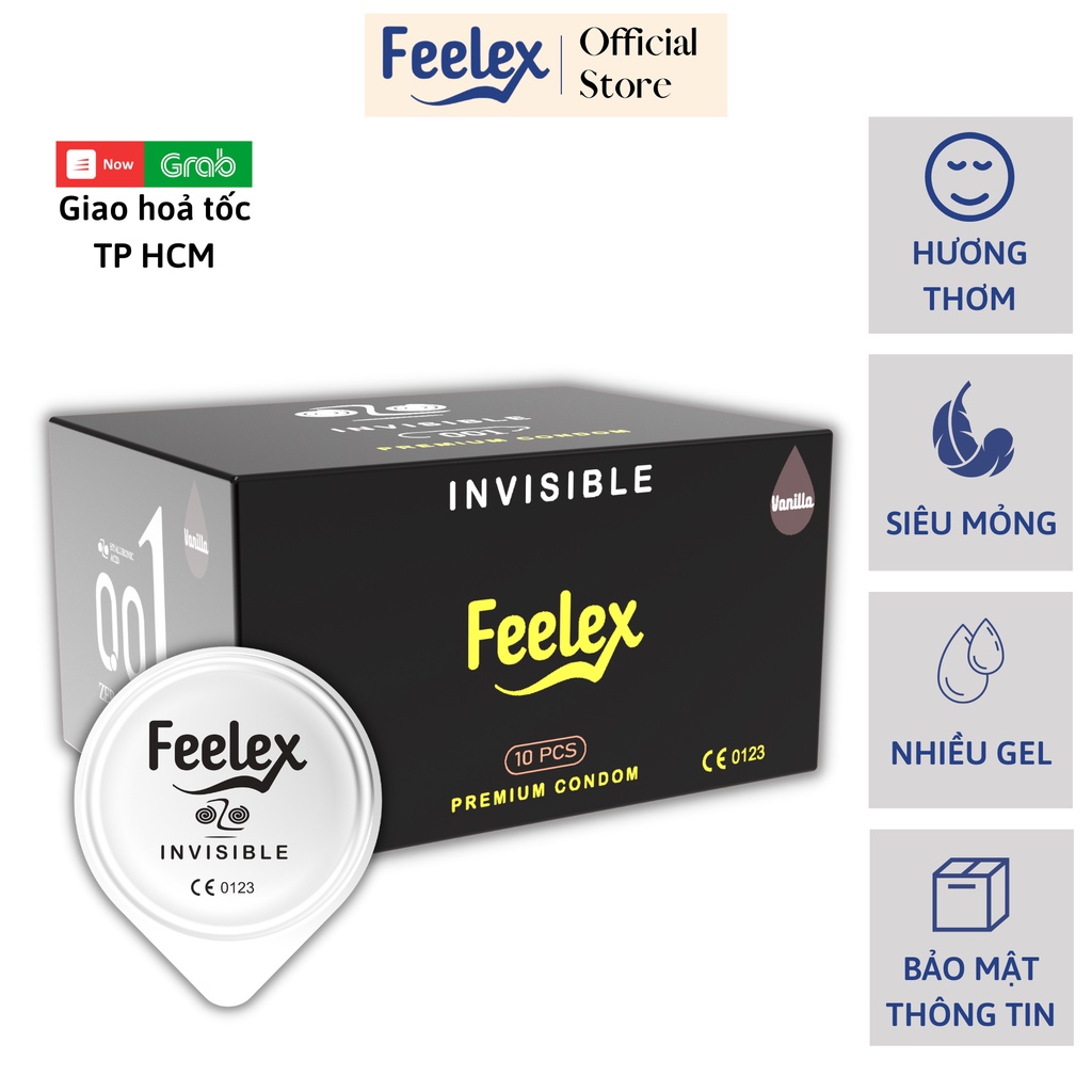 Bao cao su Feelex ozo invisible đen siêu mỏng 0,03mm nhiều gel hộp 10 bcs