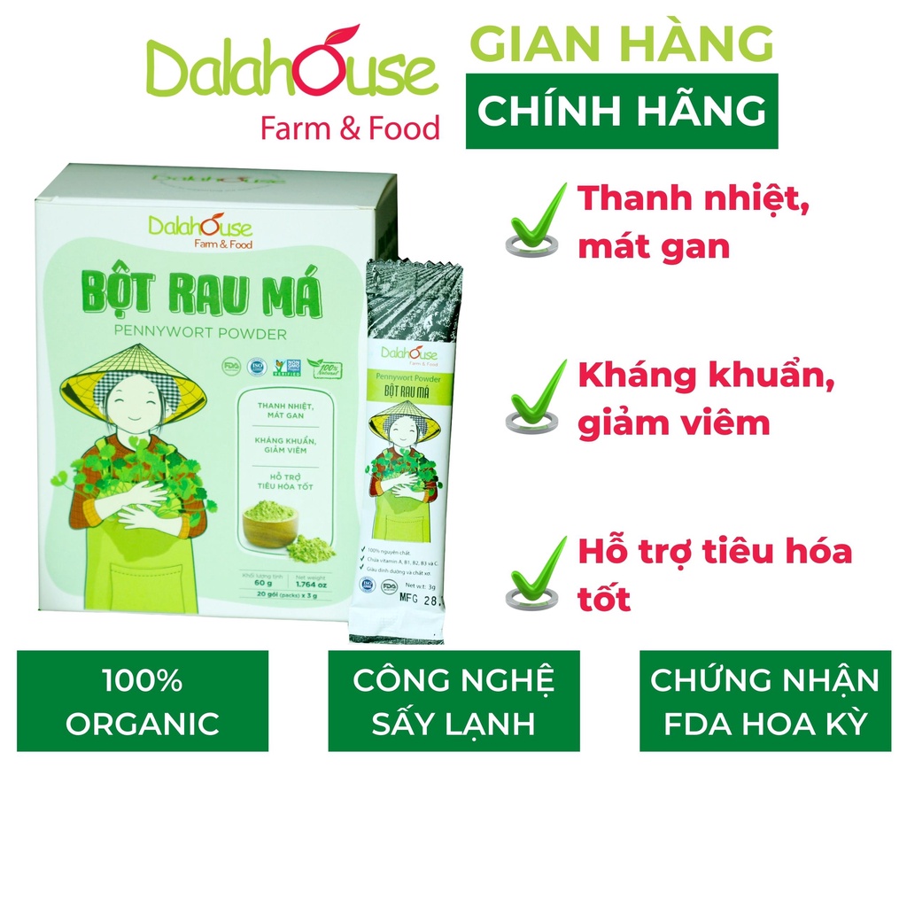 Bột rau má nguyên chất organic sấy lạnh Dalahouse thanh nhiệt, mát gan, hỗ trợ tiêu hóa tốt 60/120gr