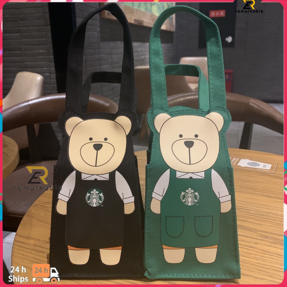 【 24 Hours】Cute Gấu Starbucks Cốc Nước Giữ Túi Có Thể Tái Sử Dụng Nhỏ Gọn Có Thể Giặt 【New】