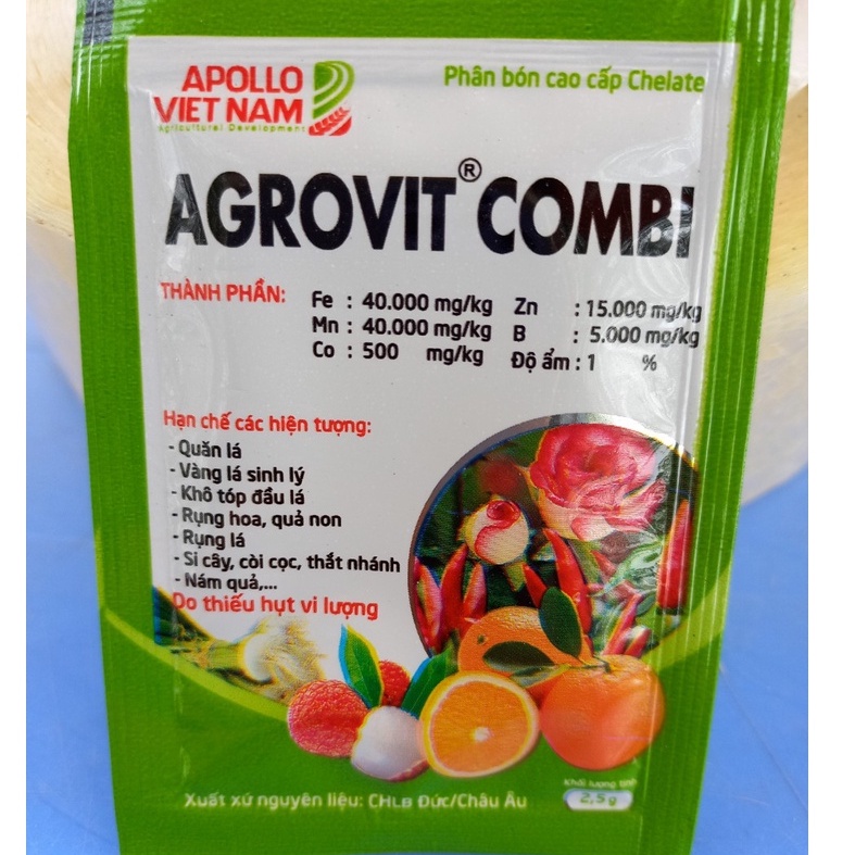 Phân bón vi lượng AGROVIT Combi 2,5g.Bổ sung vi lượng cho cây còi cọc, vàng lá, xoăn ngọn.Giúp cây xanh lá, nở ngọn, mở