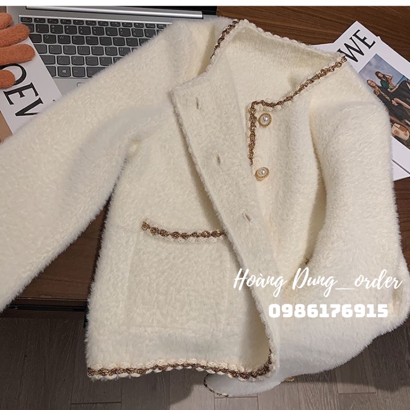 Áo Khoác Cardigan Len Nữ Giả Dạ Tweed Cổ Tròn Viền Kim Tuyến Cúc Ngọc Dài Tay Hàng Quảng Châu Phong Cách Hàn Quốc