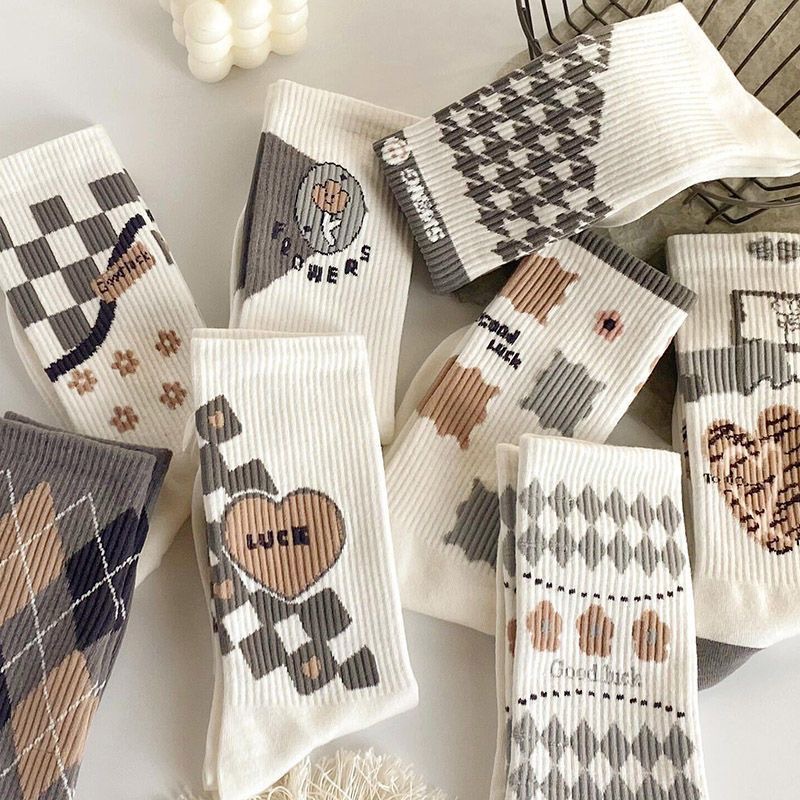 Tất Vớ Nữ Cổ Cao Loại Dày Cotton Mịn Hình khối Phong Cách Nhật Bản - Mã D2R13