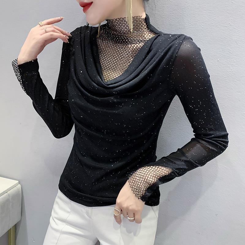Áo Thun Tay Dài Cổ Cao Phối Lưới Rỗng Đính Kim Cương Thu Đông Phong Cách Mới @