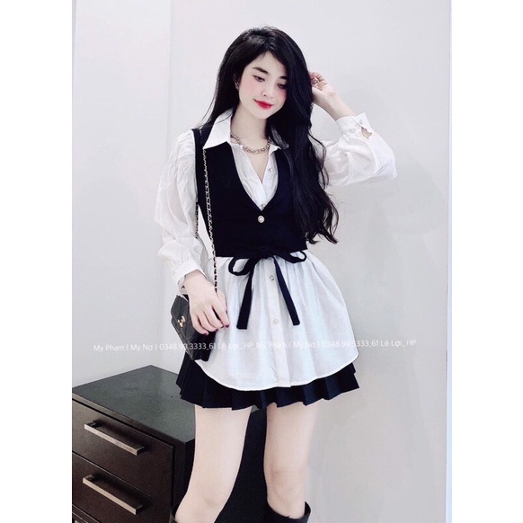 Set 3 món áo trắng quần short + gile cá tính