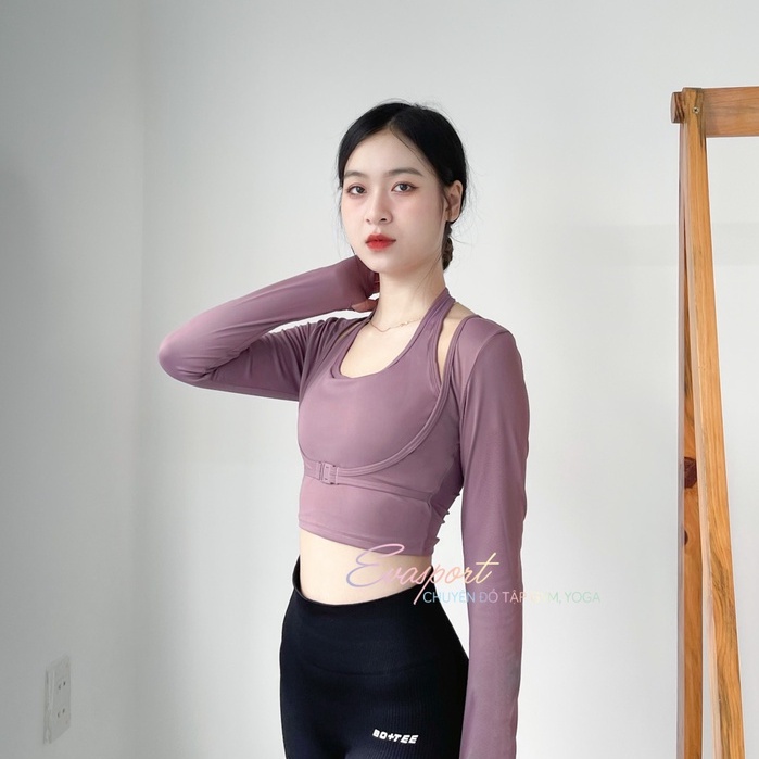 Áo Tập Gym, Yoga, Aerobic Nữ Tay Dài Trước Ngực Kèm Bra, Áo Mùa Lạnh 2 Lớp, Thể Thao, Ôm Body Co giản Evasport