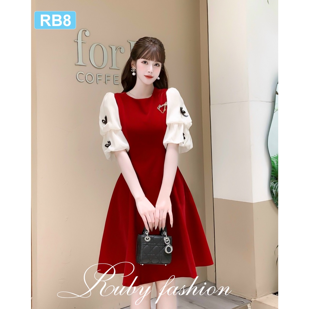 Đầm, Váy nhung đỏ tay phối ren nơ kèm phụ kiện xinh xắn