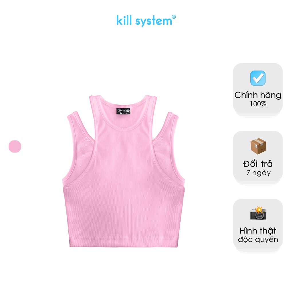 Áo ba lỗ khoét vai, croptop trơn màu hồng baby giả hai áo, thun co giãn KillSystem