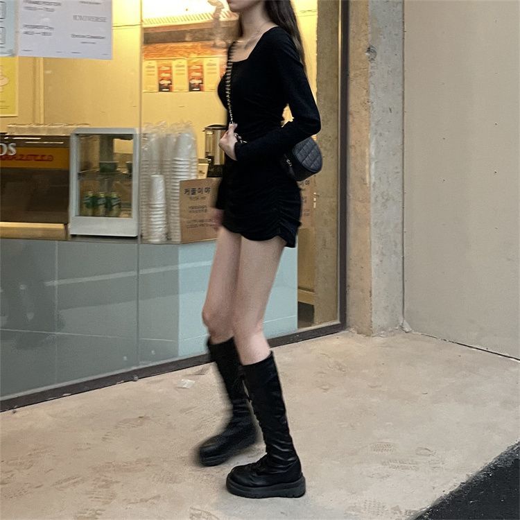 Đầm Ngắn Cổ Vuông Tay Dài Dáng Ôm Màu Đen Phong Cách Pháp Thời Trang Mùa Thu 2022