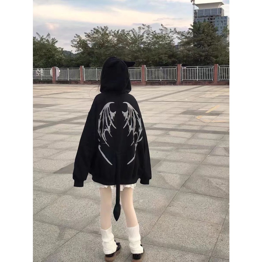 Áo Hoodie Lót Lông Cừu Dày Dặn In Hình Ác Quỷ Dễ Thương Ngọt Ngào Cho Nữ