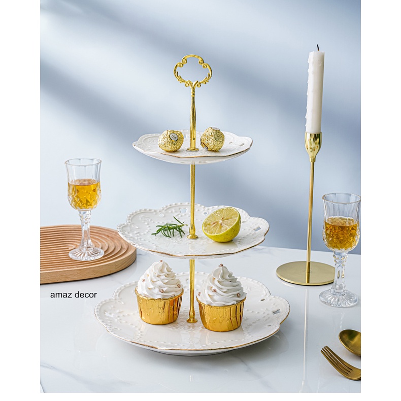 Sỉ Khay sứ trắng 3 tầng đựng bánh kẹo hoa quả (tròn/ vuông) pancake, khay 3 tầng đựng mứt Tết tiệc buffet