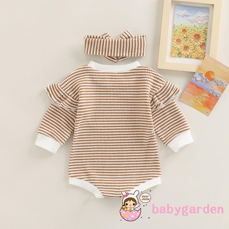 Bộ Áo Liền Quần Dài Tay Phối Bèo + Băng Đô Họa Tiết Kẻ Sọc Thời Trang Mùa Thu Cho Bé Gái 0-18 Tháng Tuổi