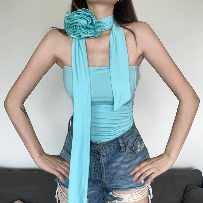 Áo kiểu ống KLIOU không tay trang trí bông hoa thời trang mùa hè 2022 mới dành cho nữ