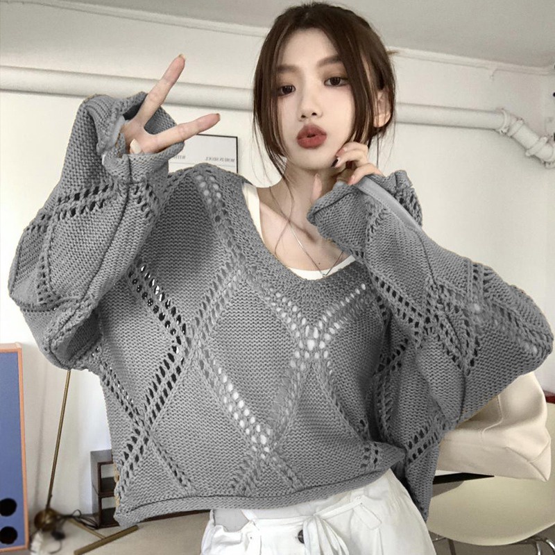Áo Sweater Dệt Kim Tay Dài Dáng Rộng Cổ Chữ V Màu Sắc Thanh Lịch
