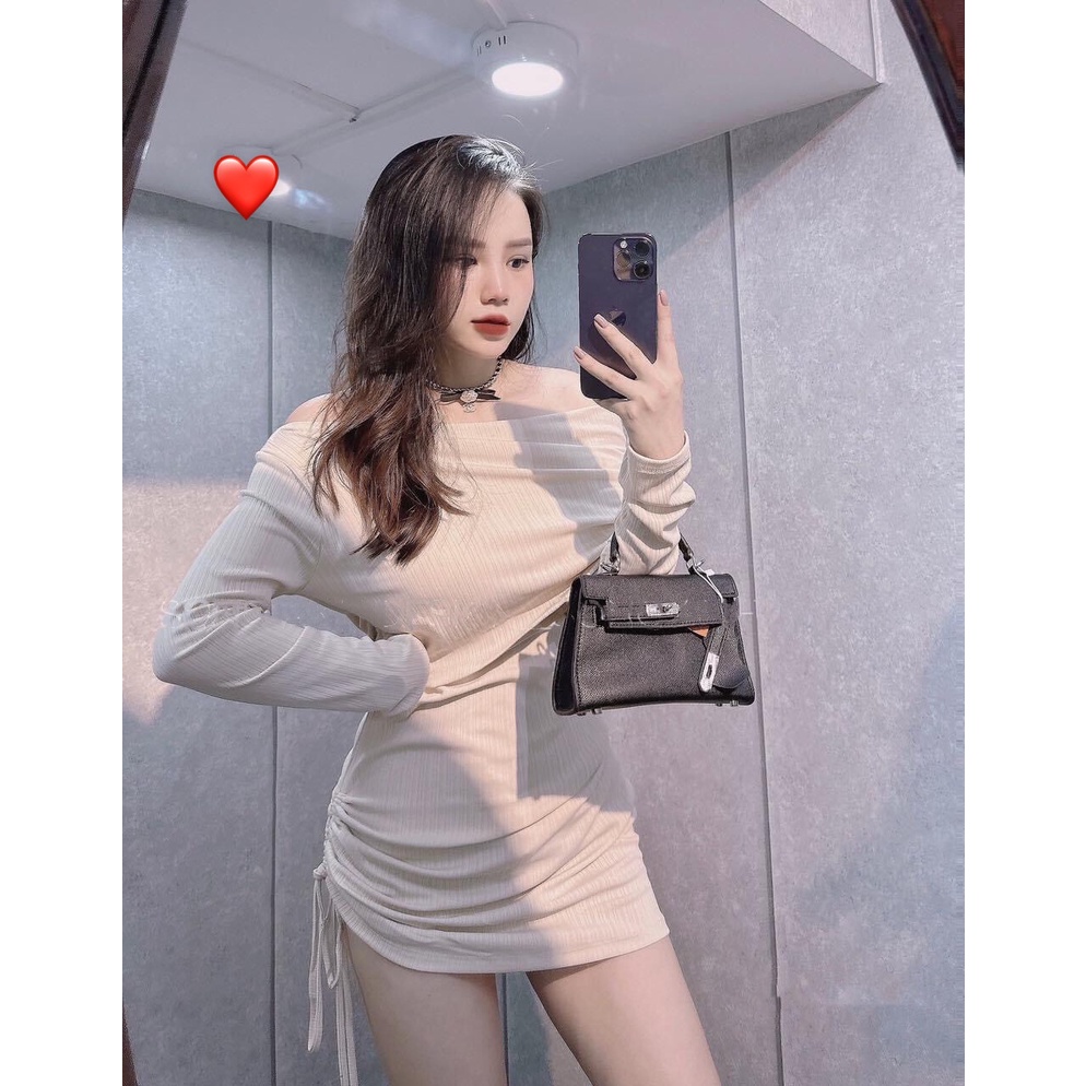Đầm tay dài trễ vai ôm body dáng ngắn rút dây 1 bên cực hot , chất thun gân mềm mịn