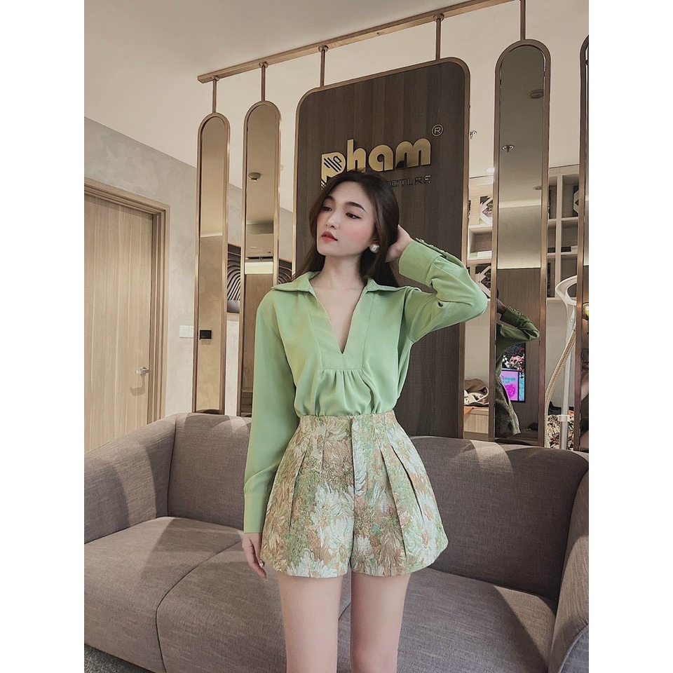 [11.11 Sale Freeship] Set bộ tiểu thư nữ,chất đũi áo dài tay cổ V kèm quần đùi họa tiết có túi đi chơi dạo phố xinh xắn