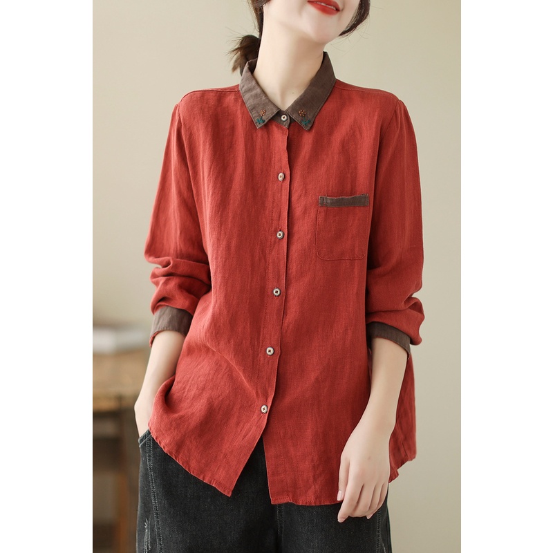 Ice cotton linen long-sleeved shirt blouse lapel casual linen counter withdrawal of the big brand literary collision color