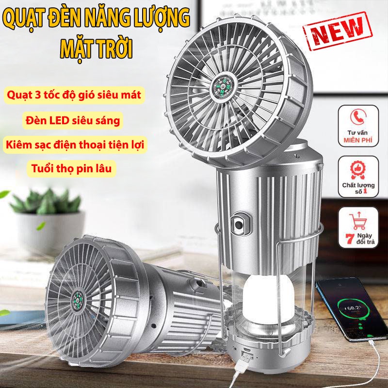 Đèn bão LED Năng Lượng Mặt Trời Đa Năng 3 Trong 1 tích hợp quạt, đèn pin, sạc điện thoại tiện lợi