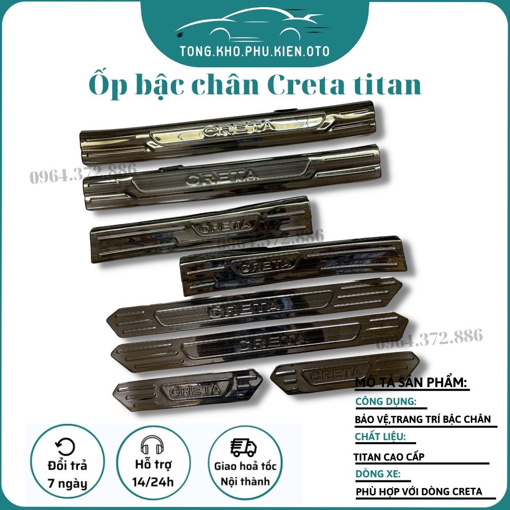 Ốp bậc cửa, nẹp bước chân trong, ngoài xe Hyundai Creta 2022- 2023 Hàng Titan cao cấp