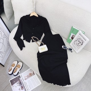SET ÁO ĐEN CỔ VEST CHÂN VÁY DÀI