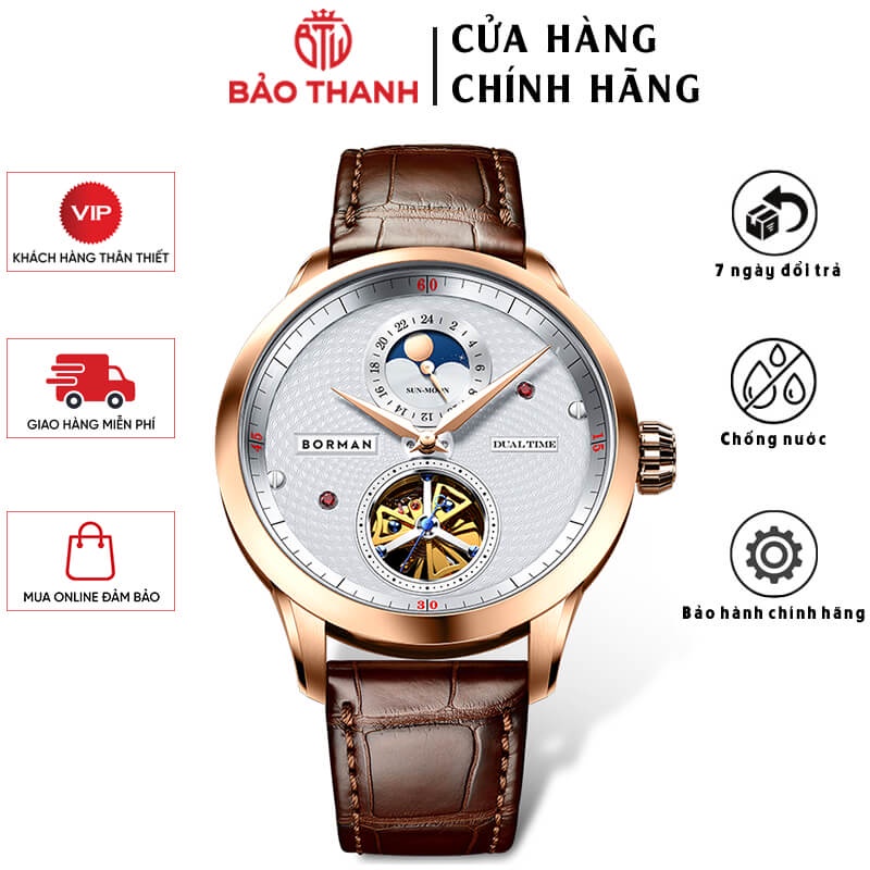 Đồng Hồ Nam BORMAN BM3870-1 Chính Hãng BH 24T Chịu Nước 50m Kính Chống Xước Dây Da Cao Cấp (Máy Cơ Tự Động)