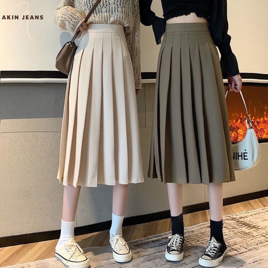 Chân Váy Xếp Ly, Akin Jeans, Váy Midi Xoè Dáng Dài Qua Gối Cạp Cao Phong Cách Ullzang Hàn Quốc, VXLD