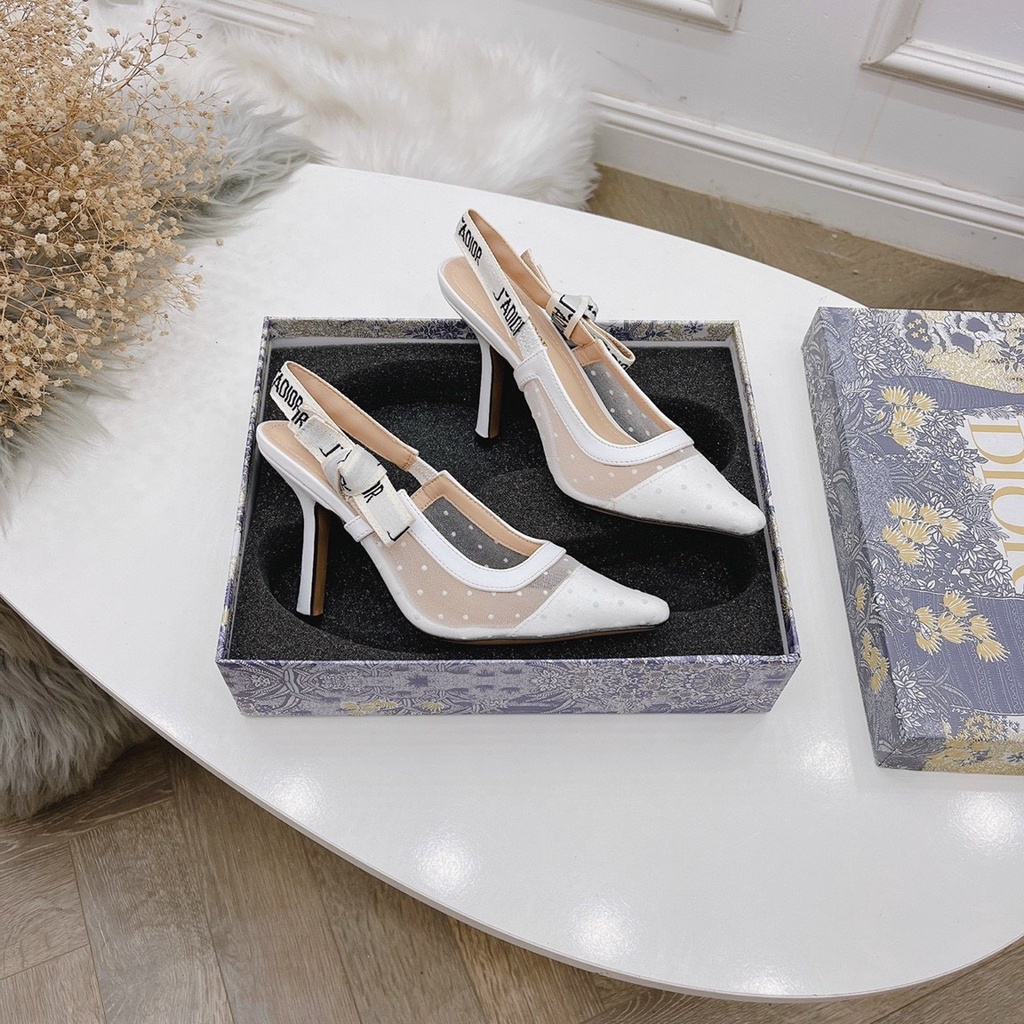 Giày cao gót lưới trắng chấm bi quai chun hàng Quảng Châu cao cấp.