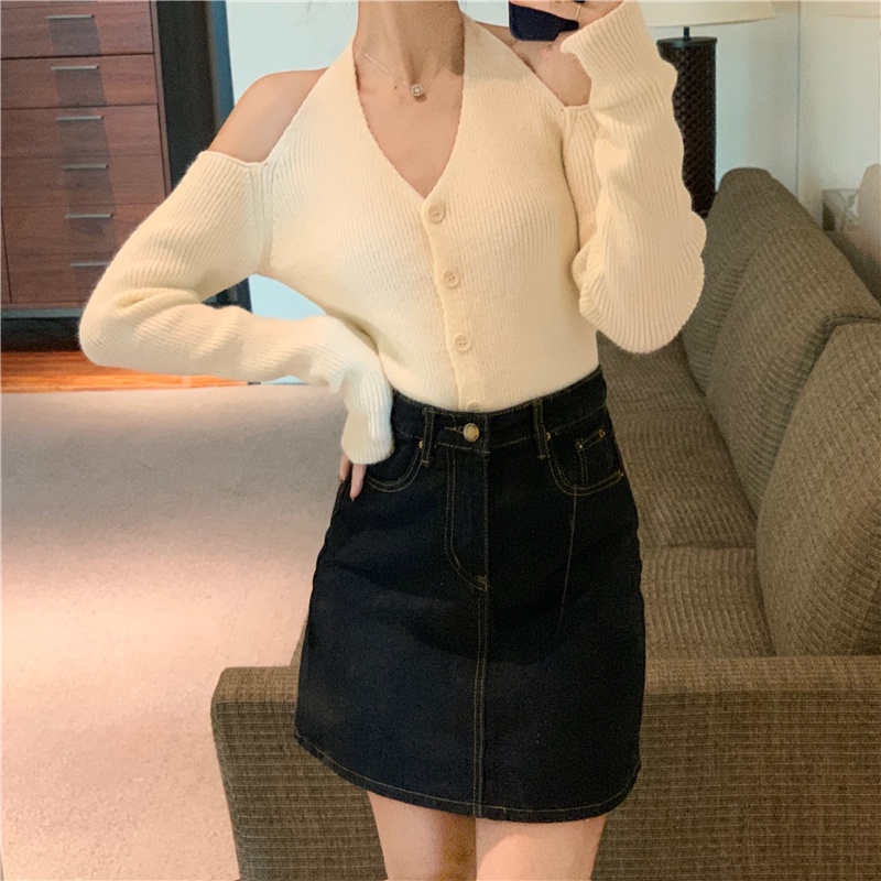 Áo Dệt Kim Tay Dài Hở Vai Cổ Chữ V Thời Trang Hàn Quốc Dành Cho Nữ